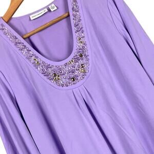 Susan‎ Graver Womens M Liquid Knit Beaded Embellished Neckline Party Holiday Top
